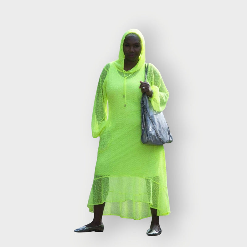 Aphrodite Neon Lime Holiday Resort Midi Dress With Hoodie -Inclusive Plus Size up to UK 16 / US 12