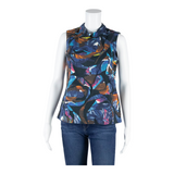 Womens Sleeveless Top Blue Collared Sleeveless Crazy Pattern S