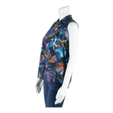 Womens Sleeveless Top Blue Collared Sleeveless Crazy Pattern S