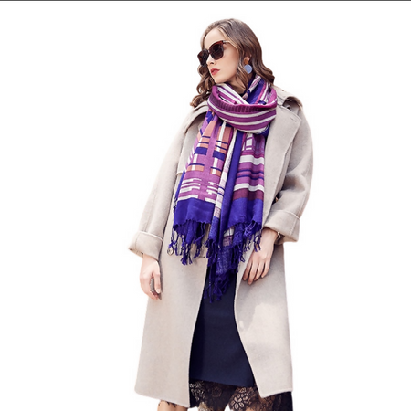 Anyyou 100% Merino Wool Purple Pink Lines Silk Satin Large Winter Scarf Pashmina Shawl Bandana Perfect For Women Ladies Fashion Style