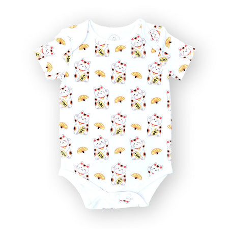 Organic Cotton Baby Onesie - Fortune Lucky Cat Maneki Neko