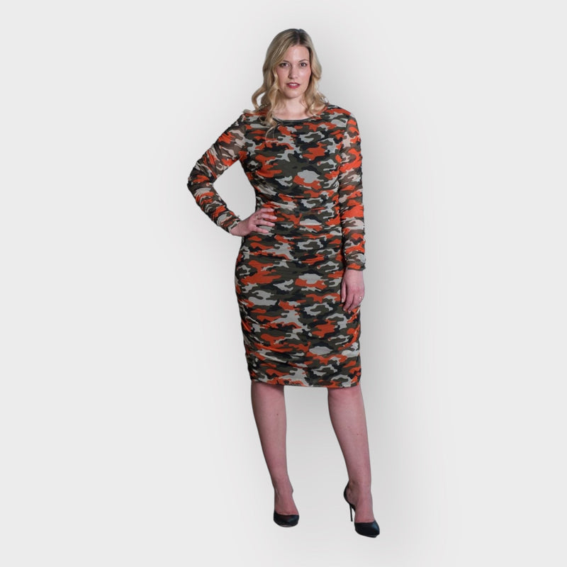 Boudicca Orange Camouflage Ruched Midi Dress -Inclusive Plus Size up to UK 20 / US 16