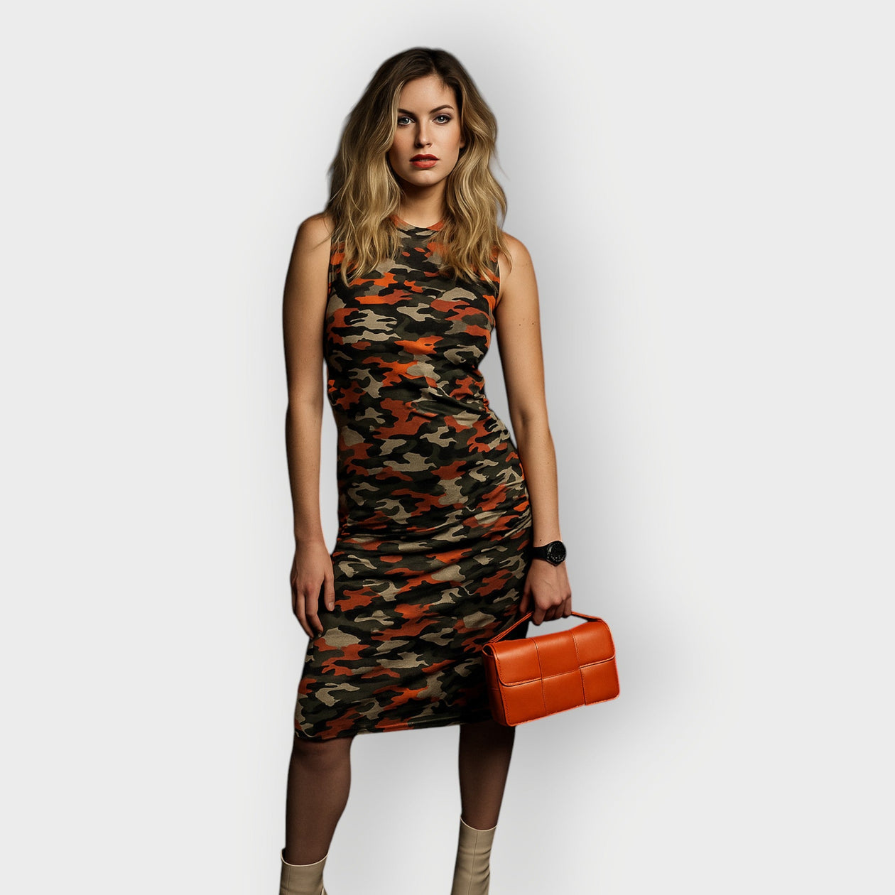 orange and camo dresses Boudicca Summer Orange Camouflage Ruched Dress-Inclusive Plus Size up to UK 24 / US 20