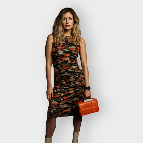 Boudicca Summer Orange Camouflage Ruched Dress-Inclusive Plus Size up to UK 24 / US 20