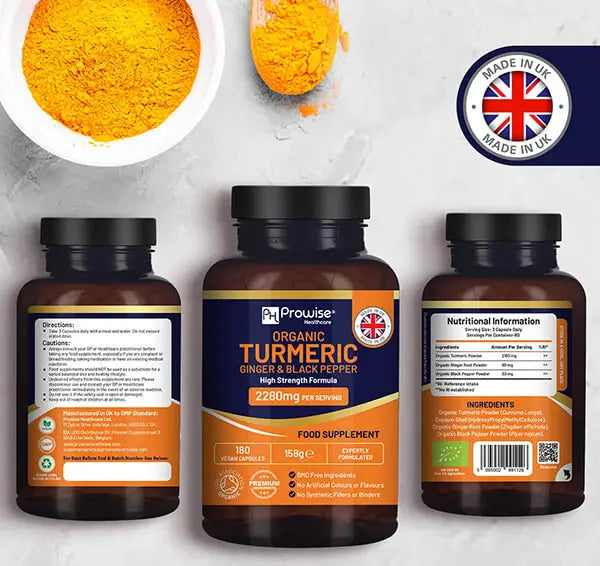 Organic Turmeric with Ginger and Black Pepper 2280mg (High Strength) | 180 Vegan Turmeric Capsules with Active Ingredient Curcumin I Soil Association Approved I UK Made by Prowise