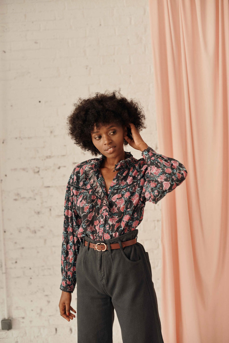 Organic cotton women blouse - Charcoal Wildflowers