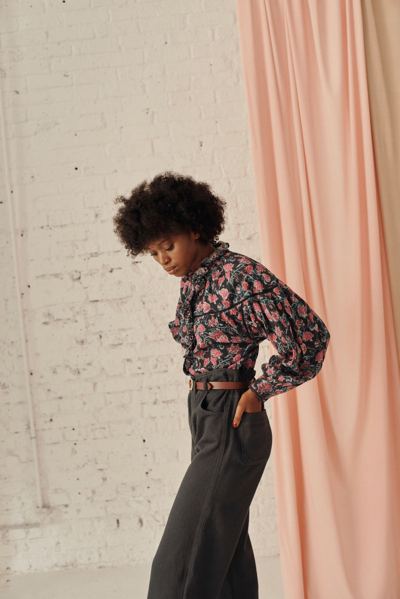 Organic cotton women blouse - Charcoal Wildflowers