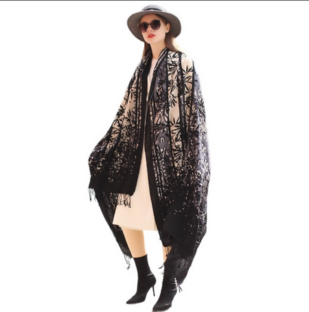 Anyyou 100% Merino Wool Black Grey Floral Silk Satin Large Winter Scarf Pashmina Shawl Bandana Perfect For Women Ladies Fashion Style
