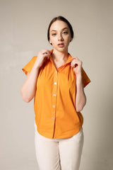 Womens Gather Collar Shirt in Orange – Stylish Gathered Blouse
