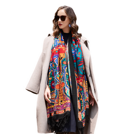 Anyyou 100% Merino Wool Black Ancient Multi-Pattern Neck Silk Satin Large Winter Scarf Pashmina Shawl Bandana Perfect For Women Ladies Fashion Style