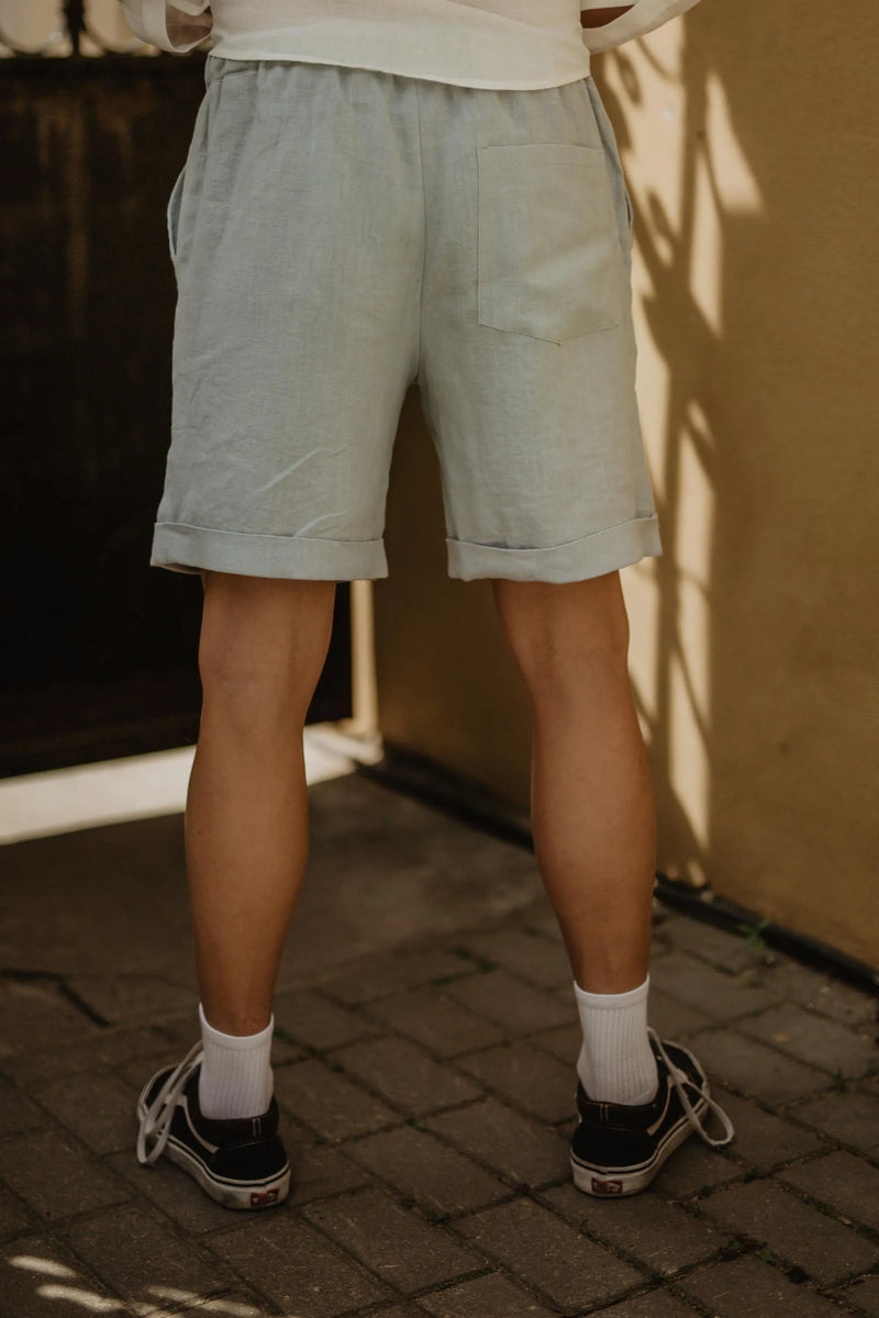 Back View Close Up OF Sage Green Linen Shorts