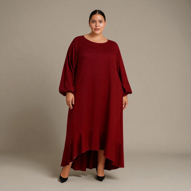 Plus Size Burgundy Leopard Print Jacquard Midi Dress - Aphrodite - Up to UK 22/US 18