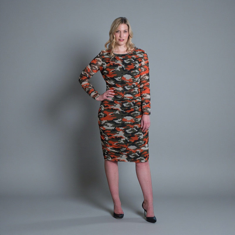 Boudicca Orange Camouflage Ruched Midi Dress -Inclusive Plus Size up to UK 20 / US 16