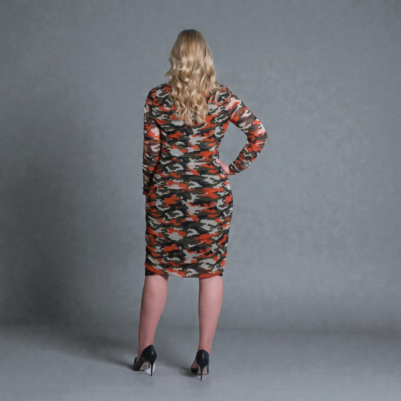 Boudicca Orange Camouflage Ruched Midi Dress -Inclusive Plus Size up to UK 20 / US 16