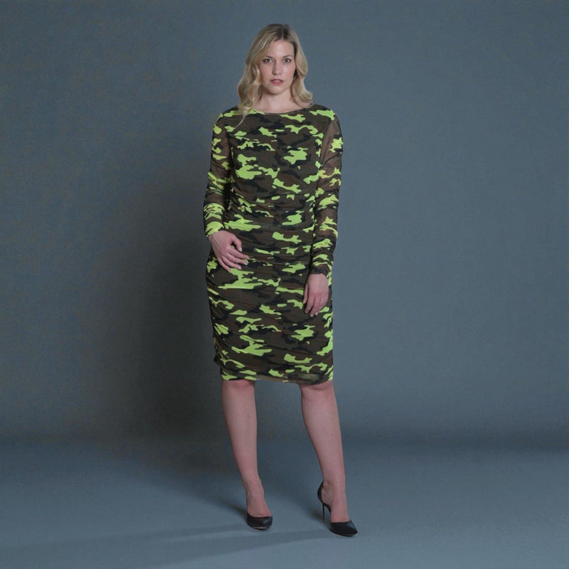 Boudicca Neon Lime Camouflage Ruched Midi Dress Inclusive Plus Size up to UK 26 / US 22