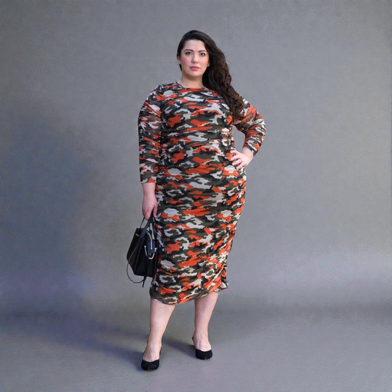 Boudicca Orange Camouflage Ruched Midi Dress -Inclusive Plus Size up to UK 20 / US 16