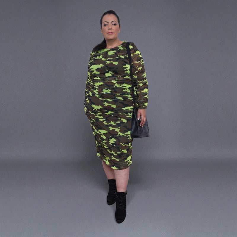 Boudicca Neon Lime Camouflage Ruched Midi Dress Inclusive Plus Size up to UK 26 / US 22