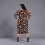 Boudicca Orange Camouflage Ruched Midi Dress -Inclusive Plus Size up to UK 20 / US 16