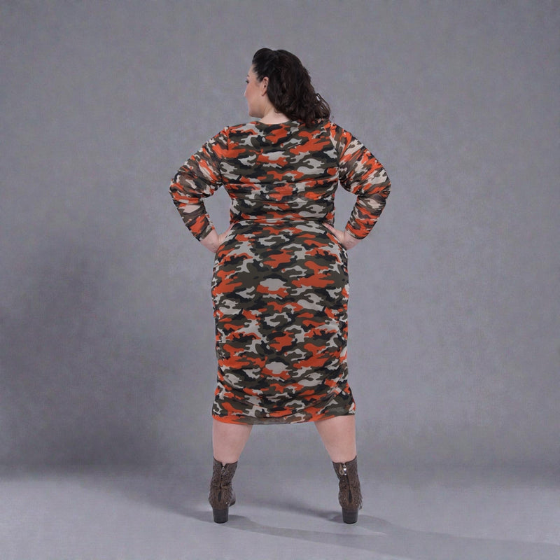 Boudicca Orange Camouflage Ruched Midi Dress -Inclusive Plus Size up to UK 20 / US 16