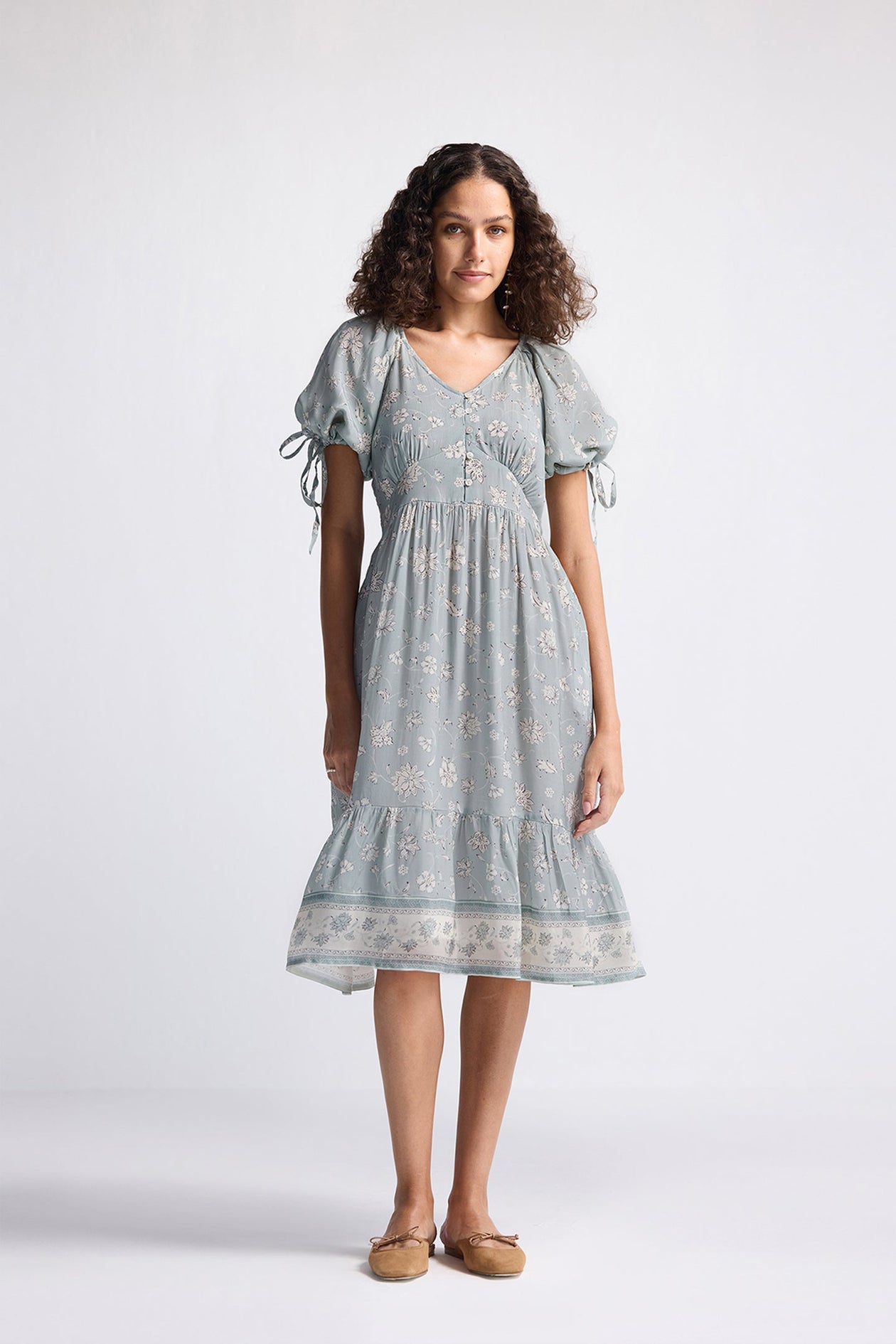 Puff Sleeve Midi Dress in Sage Green Cerqular Puff Sleeve Midi Dress in Sage Green Cerqular