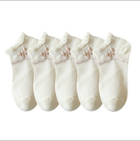 Anyfootwear 5 Pairs One Size 35-40 Women's Invisible Boat Socks Ribbon Print Cotton Ankle Socks Summer Breathable Short No Show Socks