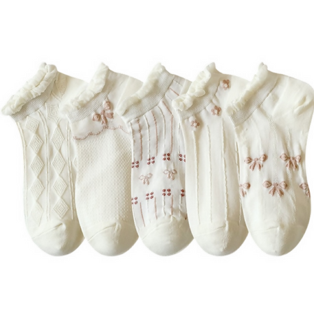Anyfootwear 5 Pairs One Size 35-40 Women's Invisible Boat Socks Diamond Wave Ribbon Flower Print Cotton Ankle Socks Summer Breathable Short No Show Socks
