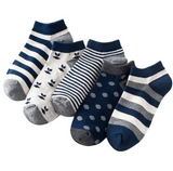 Anyfootwear 5 Pairs One Size 5-11 Mixed Color Striped Cotton Ankle Socks Spring Summer Unisex Navy Style Casual Breathable Socks