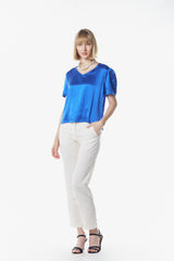 Shining V-Neck Blouse in Blue – Women’s Elegant V-Neck Top