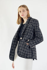 Black & White Tweed Checkers Blazer – Women’s Chic Tailored Jacket