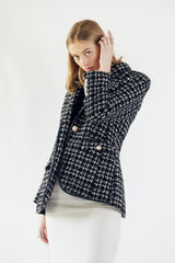 Black & White Tweed Checkers Blazer – Women’s Chic Tailored Jacket