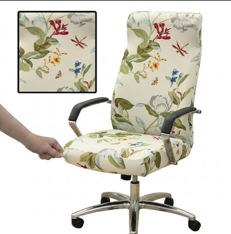 Anyseat Office Chair Cover –White Leafy Design, Medium Size, Non-Slip Rotating Seat Case with Universal Armrest Protector