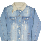 DILVIN Distressed Womens Sherpa Lined Denim Jacket Blue UK 12