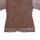 Rhinestone Glitter Butterfly Womens Blouse Brown M