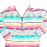 Rhinestone Lace Womens Printed Top Green Long Sleeve Striped M