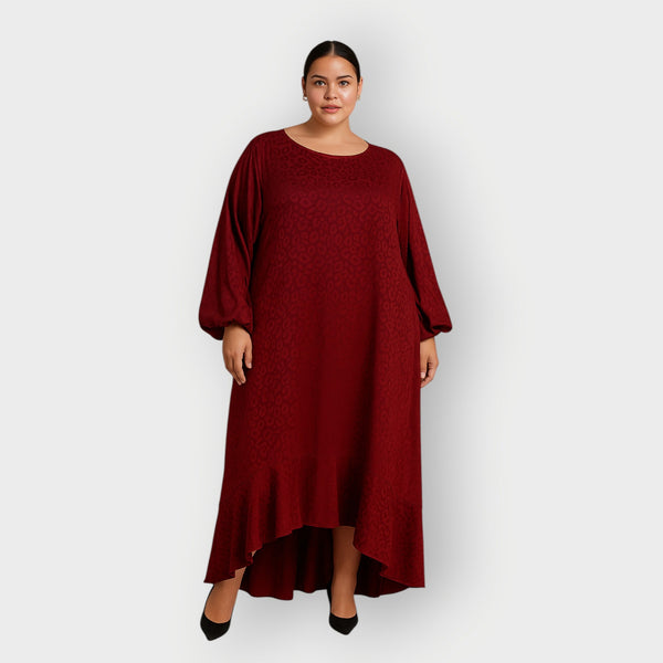 Plus Size Burgundy Leopard Print Jacquard Midi Dress - Aphrodite - Up to UK 22/US 18