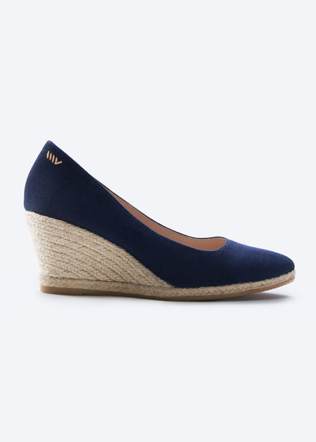 Roses U Cut Navy Blue Canvas Slip On Women Espadrille Wedge