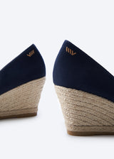 Roses U Cut Navy Blue Canvas Slip On Women Espadrille Wedges Back Details