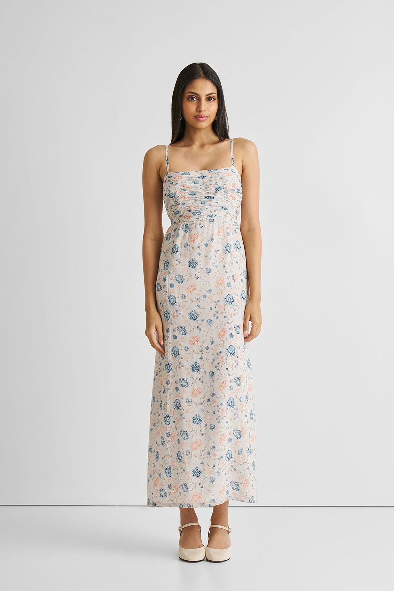 ruched strappy dress Natural PrettyLittleThing Linen Look Strappy Ruched Maxi Dress