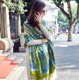 Anyyou 100% Pure Merino Wool Poncho Scarf for Women – Green Garden Vines Pattern Oversized Winter Pashmina Shawl Wrap