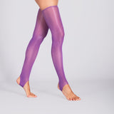 Purple sheer tights worn by a person on a light gray background