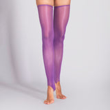 Purple sheer thigh-high stockings on a gray background