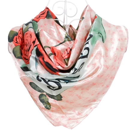 Anyyou Fashion Premium Satin Square Scarf – Romantic Pink Roses Silk-Feel Neckwrap for Women