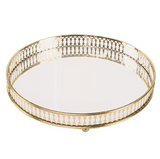 ANYHOUZ Gold Round Glass Mirror Tray with Metal Handle – Vanity Organizer for Food, Jewelry & Cosmetics