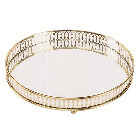 ANYHOUZ Gold Round Glass Mirror Tray with Metal Handle – Vanity Organizer for Food, Jewelry & Cosmetics