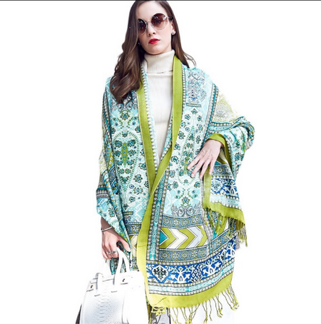 Anyyou 100% Pure Merino Wool Poncho Scarf for Women – Green Garden Vines Pattern Oversized Winter Pashmina Shawl Wrap