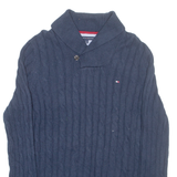 TOMMY HILFIGER Mens Jumper Blue Button Neck Cable Knit M