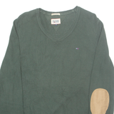 TOMMY HILFIGER Mens Jumper Green V-Neck Tight Knit S
