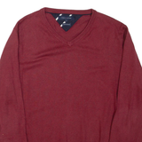 TOMMY HILFIGER Mens Jumper Red V-Neck Tight Knit L