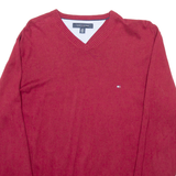 TOMMY HILFIGER Mens Jumper Red V-Neck Tight Knit L