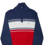 TOMMY HILFIGER Mens Patterned Jumper Blue Colourblock 1/4 Zip Tight Knit S